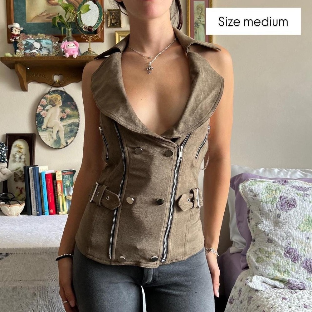 Lydia USA Brown Halter Backless Tank Top Buckle Grunge Y2K Cyberpunk L8002 M